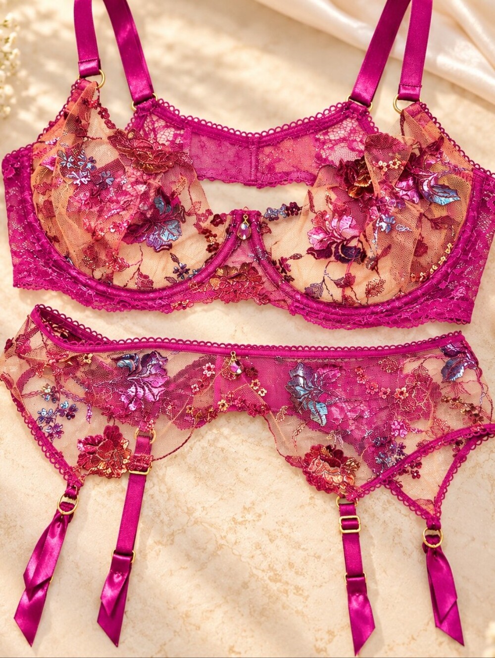 Honey Birdette Fuchsia Floral Embroidered Lace Bra & Garter Set